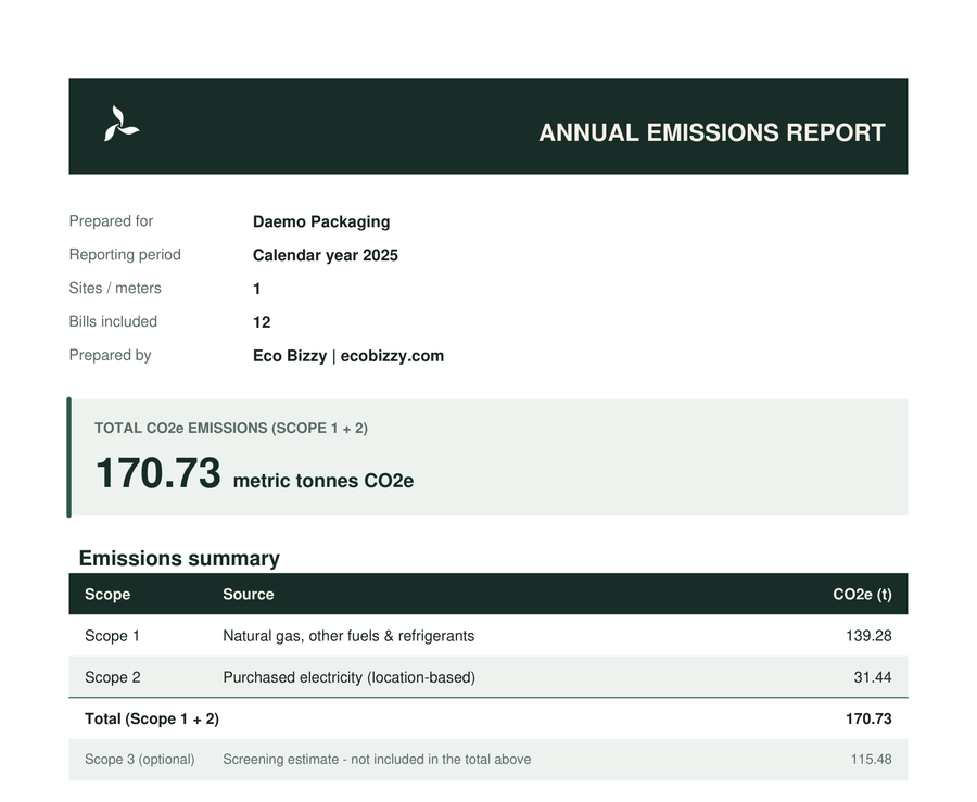 Sample Eco Bizzy annual Scope 1 and 2 emissions report